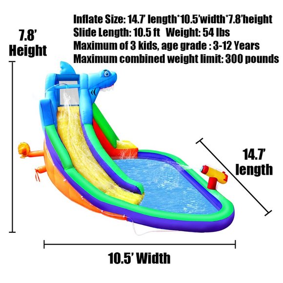 Inflatable Kids Pool Water Shark Slide for Toddler, Bouncy Jumper with Blower - Picture 6 of 7